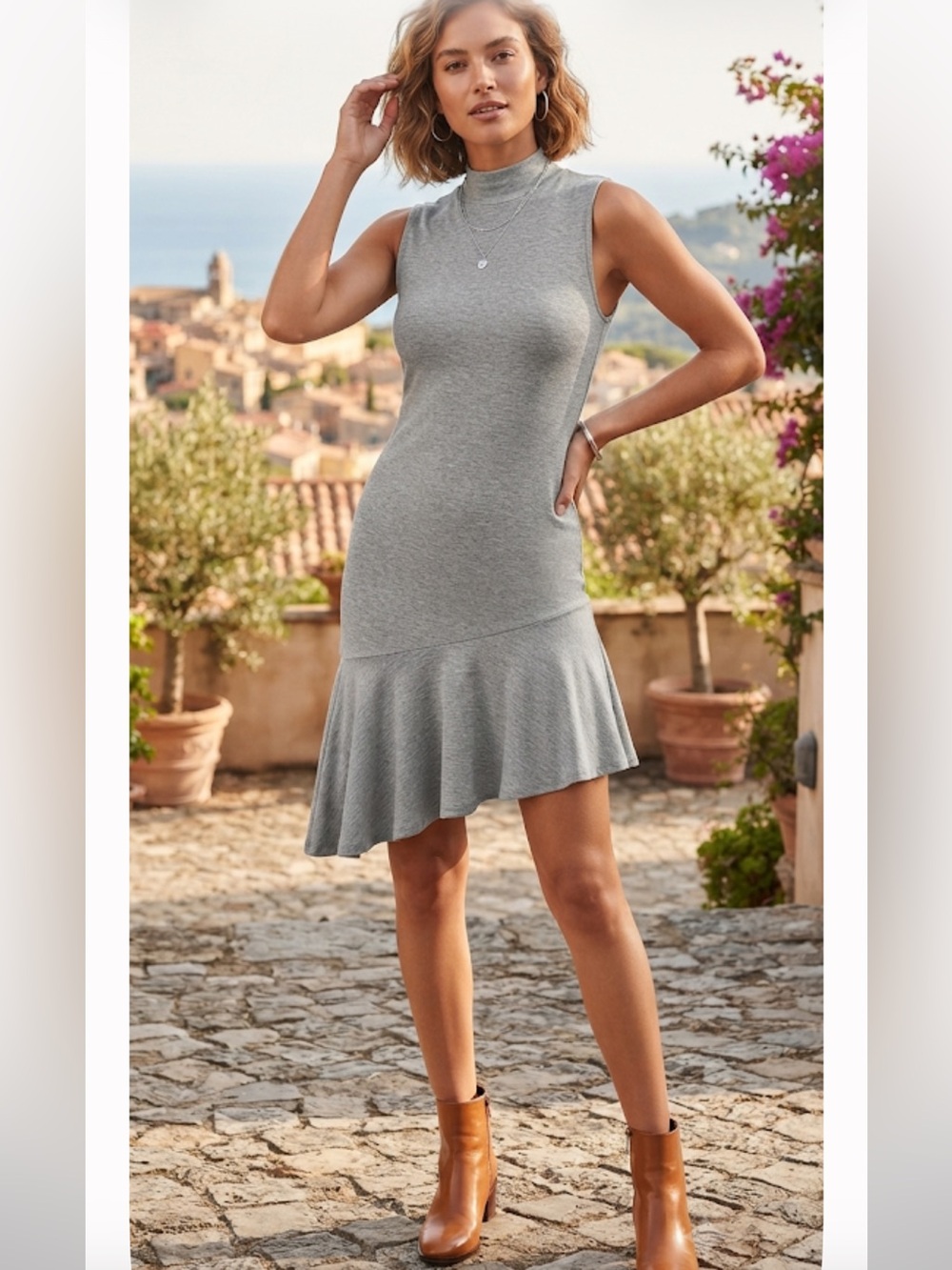 Vintage Sleeveless Gray Mock Neck Ruffle-Hem Dress Scarlett